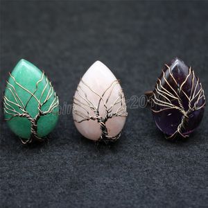 Water Drop Reiki Natural Stone Finger Rings Antique Copper Tree of Life Wire Wrapped Resizable Ring Women Trendy Jewelry Party