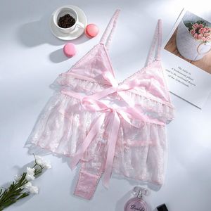 Bras Sets Women Sleeveless Lace Mesh Bow Bandage Print Crop Top Erotic Mini Skirt Suits Sex Costume Sexy Lingerie Sleeping Dress