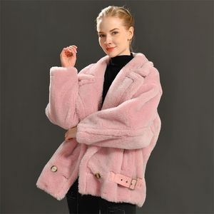 겨울 캐주얼 솔리드 테디 코트 여성 느슨한 스타일 두꺼운 따뜻한 진짜 양 Shearling 재킷 칼라 겉옷 211018