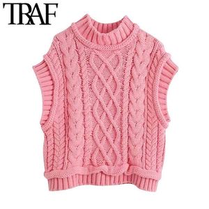 TRAF Women Sweet Fashion CabLe Knitted Cropped Vest Sweater Vintage High Neck Sleeveless Female Waistcoat Chic Tops 210819