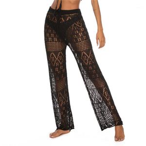Women Summer Beach Cover Up Pants Knitted Hollow Out Crochet Stright Sexy Fishnet Mesh Wide Casual Loose Leg Trousers Women's Swimwear
