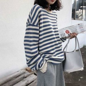 Qweek Striped Women's Sweatshirt Hoodies Streetwear 2021 Fashion Koreansk stil KPOP Gothic Goth HaraJuku Långärmade Toppar Vår Y0820