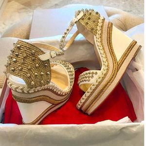 Wholesale heels wedge shoes for sale - Group buy Summer Designer Brand Red solel shoes Women wedge Sandals Madmonica Espadrille Wedges Sexy Ladies High Heels Ankle Strap Studs Sandals