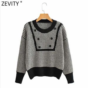 Zevity kvinnor vintage kontrast färg houndstooth print casual stickning tröja kvinnlig knapp pullovers chic jumpers topps s535 210603