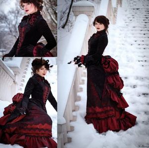 Black and Burgundy Gothic Wedding Dresses Long Sleeve Victorian velvet walking costume Bustle skirt and Velvet Jacket Bride Gowns