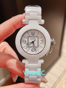 Clássico Novo Branco Branco Branco Relógios De Cerâmica Moda Número Geométrico Número Geométrico Relógio De Pulso De Aço Inoxidável Relógio De Quartzo 35mm