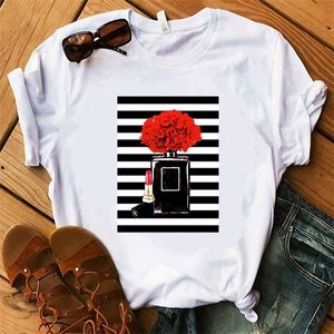 향수 꽃 스트라이프 인쇄 여성의 티셔츠 여름 셔츠 숙녀 럭셔리 브랜드 하라주쿠 streetwear 티셔츠 탑 여성의 티셔츠 x0527