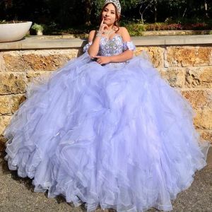 Schatz Kleider Lavendel Quinceanera Ausschnitt Rüschen Pailletten Perlen Tüll Prom -Ballkleid MADE MADE Sweet Birthday Party formelle Verschleiß Vestidos