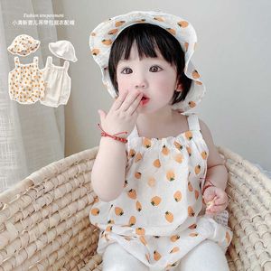 Born Baby Girls Sleeveless Romper Onesie Flowers Toddler Outfit with Cap Lovely Costume 2pcs for Summer 210529