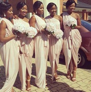 African American Grecian Bridesmaid Dresses 2021 Unique One Shoulder Peach Pink Mermaid Long Formal Dresses for Women With Sash