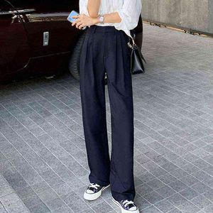 Rétro droit jambe large marron pantalon Vintage femme coréen taille haute décontracté Long bleu marine blanc Beige pantalon 211124