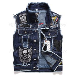 Casual Broderi Skull Mäns Denim Vest Ärmlös Jackor Mode Patch Design Punk Rock Style Ripped Cowboy Frayed Waistcoat Tanks