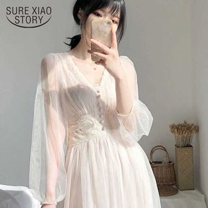 Plus Size Elegant Button A-Line Vestidos White Dress Women Spring Puff Sleeve Empire V-Neck Lace Voile Mesh Dresses 8126 210706