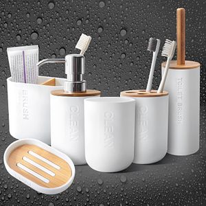 Simple Household Bathroom toilet Supplies Bamboo Soap Dish Soap Dispenser Toothbrush Holder 5pcs set Accessories Set