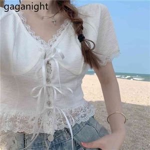 Button Up Women V Neck T Shirt Short Sleeve Crop Top Summer Basic Slim White T-shirts Fashion Bow Tie Lace Tees 210601