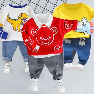 Baby boy clothes autumn and winter cotton suit girl cartoon bear print crew neck sweater casual sports baby two-piece suit 210309