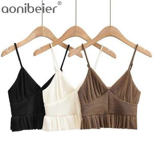 Feminino Casual Camisole Verão Sem Mangas Sleeveless Spaghetti Strap Mulheres Deep V Slim Cami Crotes Tops Tope Texture Ruffles Top 210604