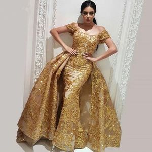 Sparkly Gold Overskirt Mermaid Prom Dresses Off the shoulder Evening Dress with Detachable Train Sequins Lace Party Gown