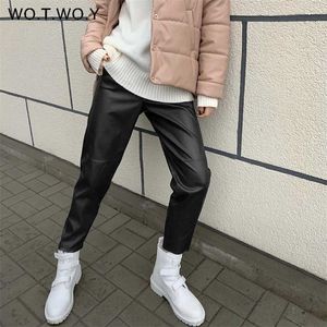 Wotwoy Drawstring High Waist Loose Leather Pant Höst Vinter Full längd Casual Rak byxor Kvinna svart 211124