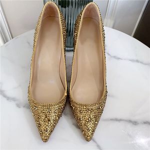 Casual Designer Sexy Lady Fashion Women Shoes Gold Glitter Strass Crystal Pointy Toe Stiletto Stripper High Heels Zapatos Mujer Prom Kvällspumpar 12cm Stor storlek 44