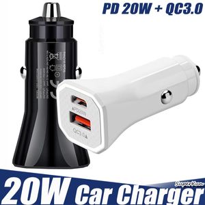 Caricabatteria per auto veloce QC3.0 + PD Tipo C Adattatore di ricarica rapida USB da 20 W per telefono cellulare con scatola al minuto