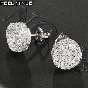 Hip HOP 1Pair Micro Full Paved Round Zircon CZ Stone Bling Iced Out Stud Earring Copper Earrings For Men Jewelry 220211