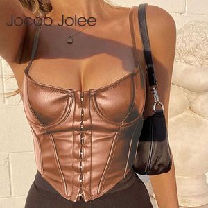 Jocoo Jolee Cinturino da donna in pelle PU Serbatoi Vintage Wild Vest Sexy Slim Fit Canotta Elegante senza maniche Top corto Clubwear 210619