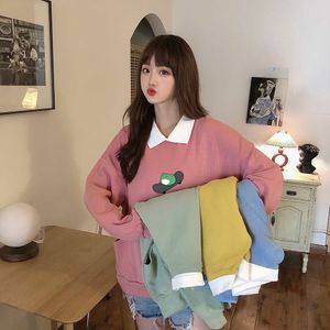 Outono Skate Sapo Superized Sweatsized Cute Curto-Down Collar Hoodies Harajuku Pullover Kpop Womens Streetwear Ropa Mujer 210930