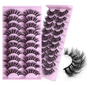 10 Pairs Fluffy Faux 3D Mink Eyelashes 12-21mm False Eyelash Cross Thick Soft Lash Extension With Pink Tray Makeup