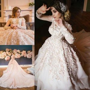 Vestidos de casamento frisados ​​de luxo com 3d floral apliques pérolas mangas compridas personalizado feito personalizado colher pescoço capela trem vestido de casamento vestido de novia