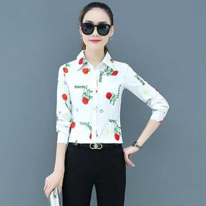 韓国のファッションシフォンの女性のブラウス花のオフィスの女性のシャツ秋の長袖のトップスとブレウスのサイズxxxlトップ210531