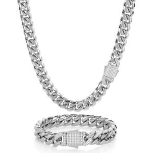 Necklace Moissanite 2 piece/sets Hip Hop Miami Titanium Steel Bracelet Set with Zircon Spring Buckle Cuban Chain Popular Jewelry