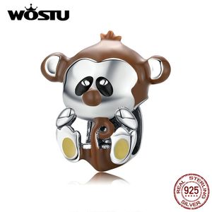 WOSTU REAL 925 Стерлинговое серебро Naughty обезьяна бусины животных коричневые подвески подходит оригинальный браслет ожерелье для женщин ювелирные изделия CTC125 Q0531