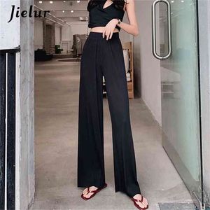 Jielur 높은 허리 Pleated 바지 여성 S-XXL 얇은 간단한 느슨한 스트레이트 여성 바지 블랙 네이비 블루 넓은 다리 긴 210915