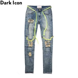 Yırtık zincir yüksek sokak kot damla dize ile erkekler spandex denim pantolon pantolon 210603