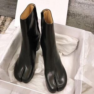 디자인 Tabi 부츠 분할 발가락 chunky 하이힐 가죽 zapatos mujer 패션 가을 여성 신발 botas r0ui #