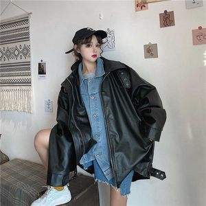 アウター韓国の革のモトジャケットの女性の春の緩いデザイナー原宿コートレディのカジュアルストリートウェアブラックロングスリーブトップ210604