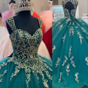 Gorgeoues Hunter Green Quinceanera Dresses Lace Applique Straps Crystals Beaded Sweep Train Tulle Custom Made Sweet 16 Pageant Birthday Party Ball Gown vestidos