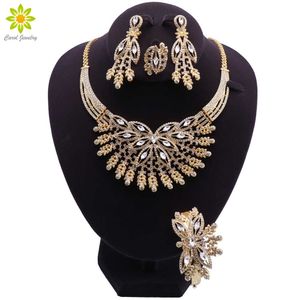 Dubai Gold-farbe Schmuck Set Romantische Hochwertige Mode Hochzeit Nigeria Afrika Perlen Halskette Ohrringe Armband Ring Set H1022