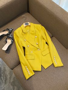 2021 Fall Autumn Long Sleeve Lapel Neck Yellow Solid Color Slim Metal Buckles Double-Breasted Blazers Elegant Top Quality Outwear Coats 21O13135