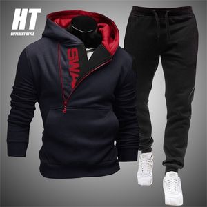 Mężczyźni Dyszel Dorywczo 2 Sztuki Zestawy Zipper Bluza Z Kapturem + Spodnie dresowe Drukuj Sportswear Męskie Ubrania Solidna Jogger Sport Suit 4XL 211023