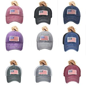 Women Hats American Flag Embroider Baseball Cap Washed Hole Net Hat Classics Ball Caps Adjustable Outdoor Sport Visor 10Colors DD064