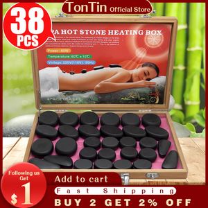 Tontin 38 pcs / set massagem corporal pedra de pedra com 220V / 110V caixa de aquecimento de bambu aliviar a dor nas costas do estresse