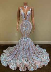 Sexy Sheer O-Neck Rękawów Suknia Wieczorowa Kolorowa Cekinowa Afrykańska Aso Ebi Black Girls Mermaid Long Prom Dresses 2022