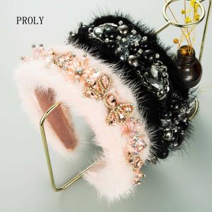 Proly New Fashion Women Hairband Ciepłe zimowe Flanel Rhinestone Kryształowa opaska Luksusowy Barokowy Turban Hair Akcesoria X0722