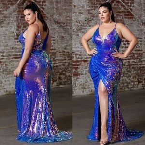 Sparkly Artı Boyutu Mermaid Gelinlik Modelleri Payetli Derin V Boyun Yan Bölünmüş Abiye giyim Sweep Tren Resmi Elbise