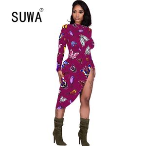 Multi Vintage Print Sexy Trendy Party Dress Women Casual Full Sleeve Side Split Robe Femme Street Style Pleated Bandage Vestidos 210525