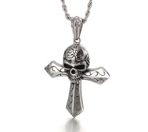 Vintage Cross Skull Pattern Ghost Head Necklace Men's Stainless Steel Pendant Jewelry rope chain 4mm 22 inch