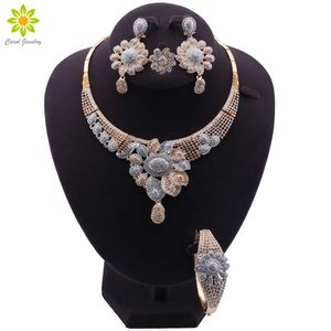 Dubai Fashion Jewelry Sets Elegant Women Party Gold Color Flower Crystal Necklace Bracelet Earrings Ring Luxury Jewelry H1022
