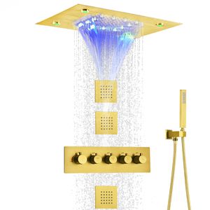 Termostatisk borstad guldregnschuschaukett Badrumssystem 14 x 20 tum tak monterat bad ledat vattenfall regnhuvudet duschhuvud